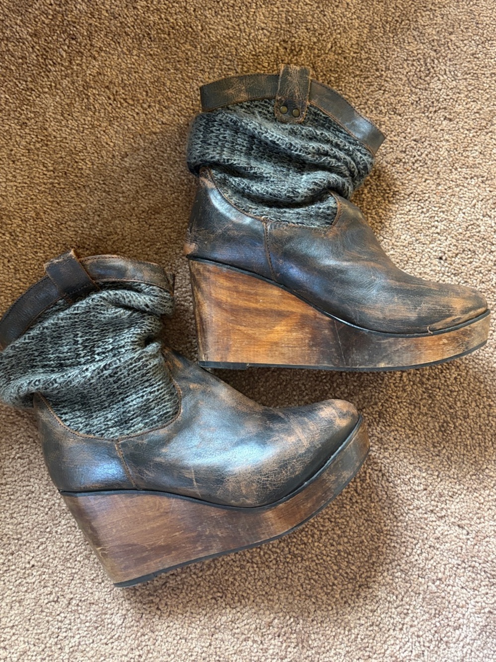 BED|STU Black Leather Wedge Boots with Gray Knit Cuff